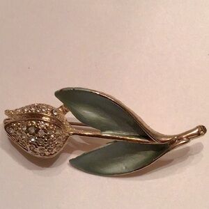 New Rise Bud Pin,Goldtone w/clear crystals & green enamel,2”L x 3/4”w